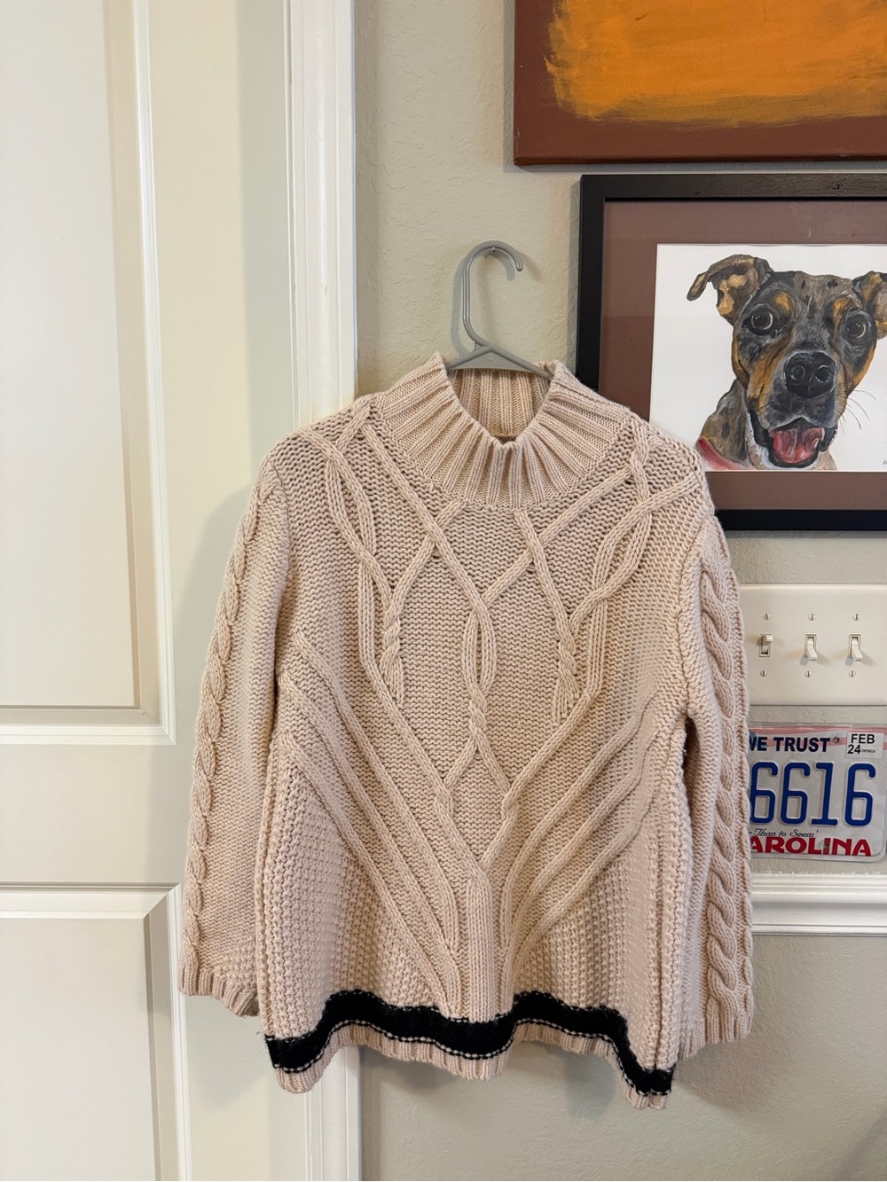 Cozy Cable Knit Turtleneck Sweater in Cream with Black Trim